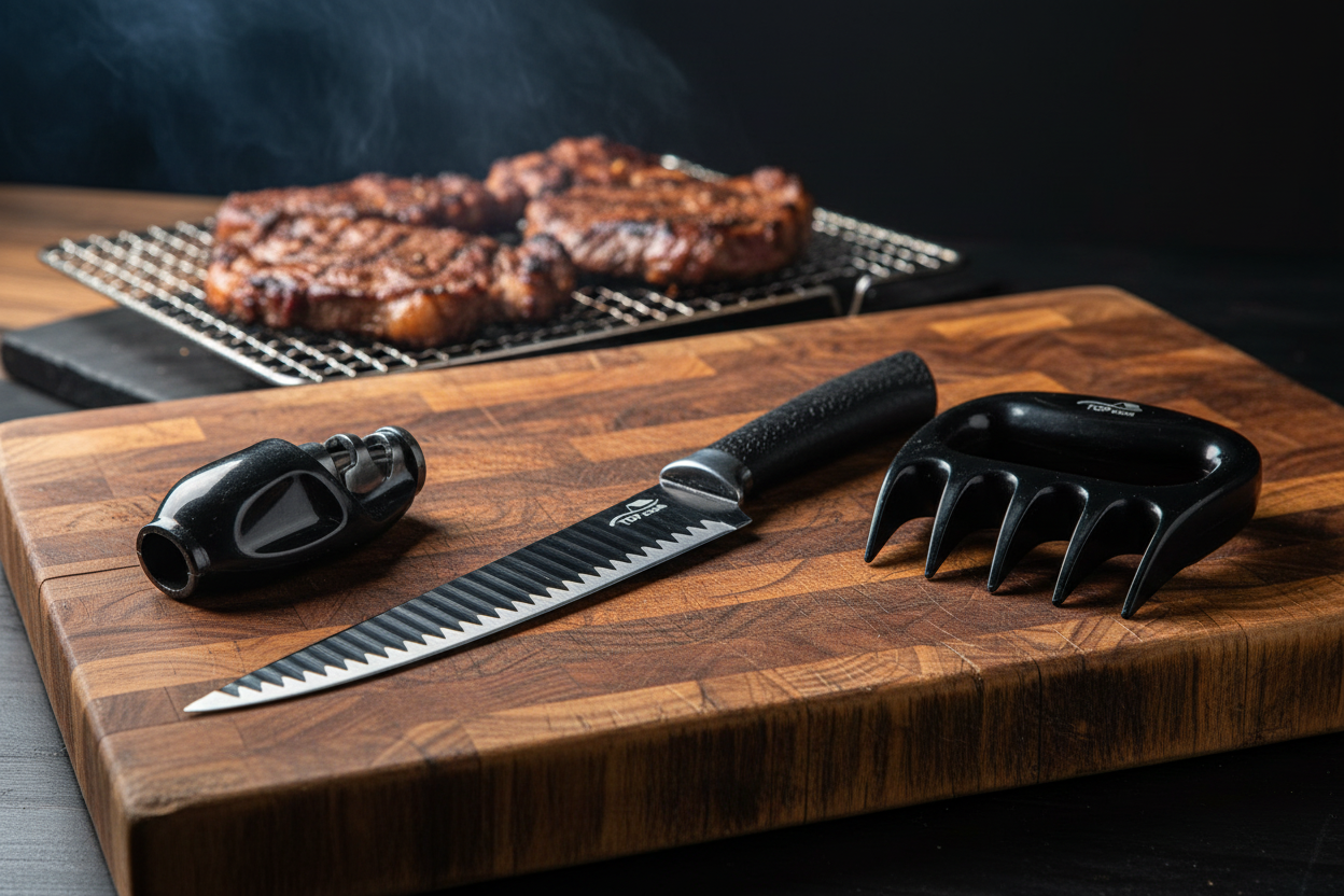 Kit Faca Churrasco Inox com faca, amolador e garra de urso