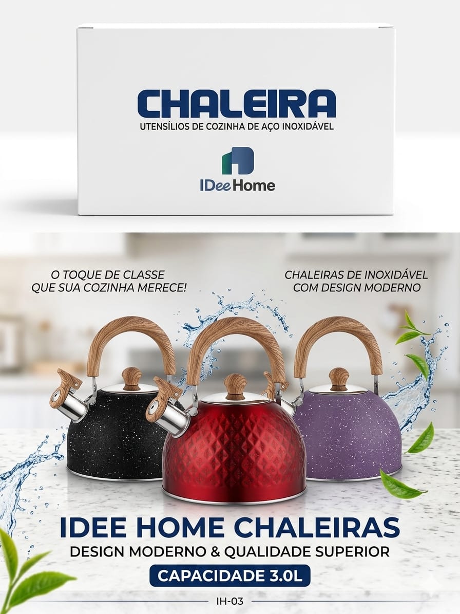 Chaleira Inox 3L com Apito e Cabo Madeira | IDEE HOME