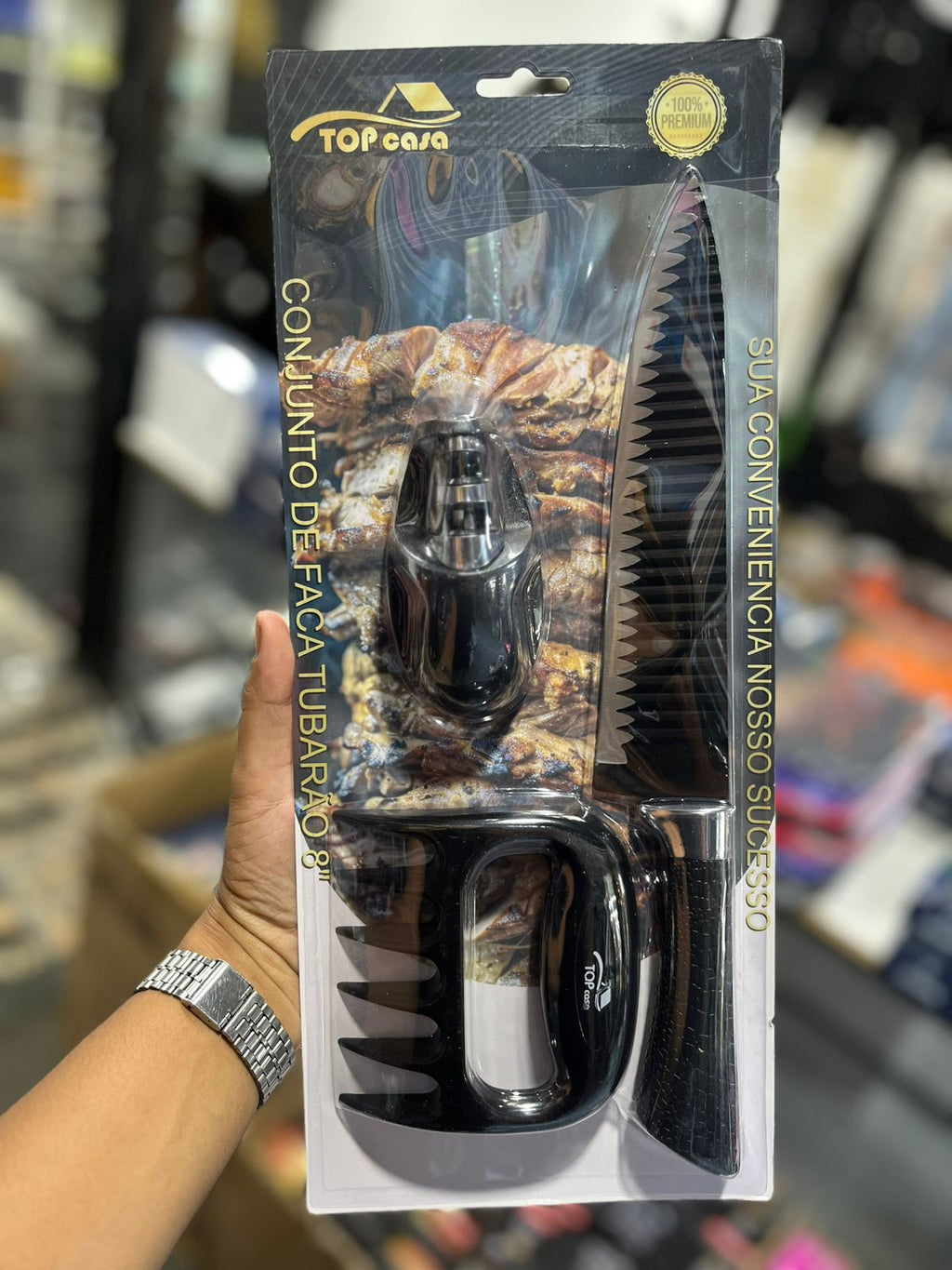 Kit Faca Churrasco Inox – Faca, Amolador e Garra de Urso