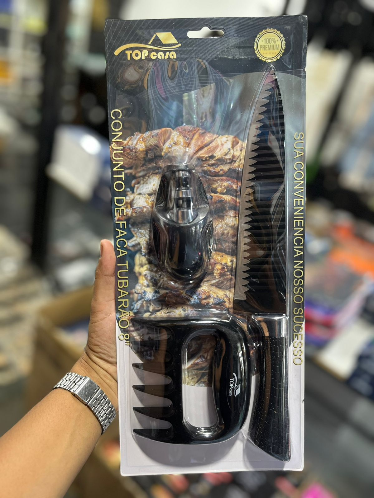 Kit Faca Churrasco Inox – Faca, Amolador e Garra de Urso
